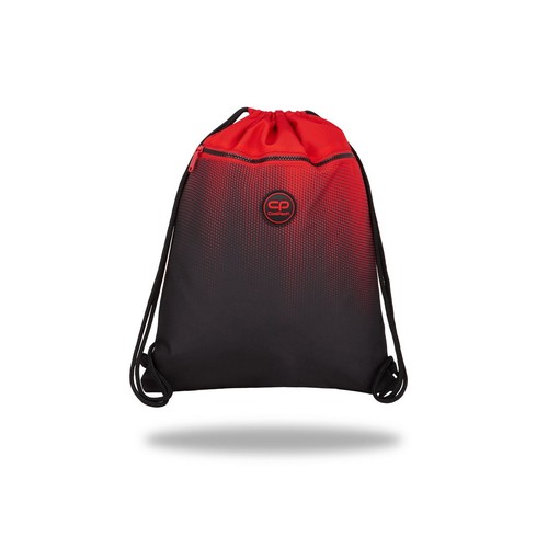 Czarno-czerwony worek na buty Coolpack z unikalnym gradientem, gdzie czerwień płynnie przechodzi w czerń. Wzór kropkowany dodaje mu nowoczesnego wyglądu. Wyposażony w czarne sznurki do noszenia i zamykaną na zamek błyskawiczny przednią kieszeń.