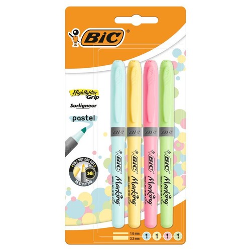 Zestaw czterech zakreślaczy BIC Marking Highlighter Grip w blistrze. Zakreślacze mają pastelowe kolory: jasnoniebieski, żółty, różowy i jasnozielony. Posiadają końcówki o grubości 1.6 mm i 3.3 mm. Nie wysychają przez 24 godziny.