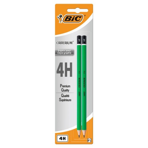 Dwa zielone ołówki grafitowe BIC Criterium 4H, zapakowane w blister. Na opakowaniu widnieje napis Premium Quality.