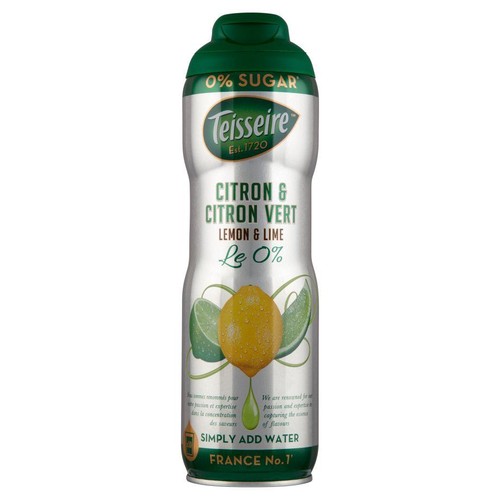 Srebrna butelka syropu Teisseire o smaku cytryny i limonki, z zieloną nakrętką. Na etykiecie widnieje nazwa "Teisseire Est. 1720", informacja "0% SUGAR" oraz grafika cytryny i dwóch plasterków limonki. Produkt do rozcieńczania z wodą.