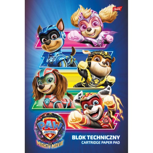 Okładka bloku technicznego z dynamiczną grafiką z filmu Psi Patrol Wielki Film. Przedstawia pięć psów-superbohaterów: Chase'a, Skye, Rocky'ego, Rubble'a i Marshalla, każdy w innym kolorowym stroju i na osobnym tle.