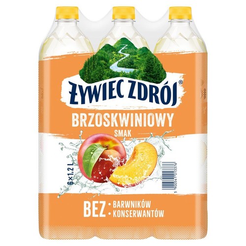 Zgrzewka sześciu przezroczystych butelek wody Żywiec Zdrój o smaku brzoskwiniowym, każda o pojemności 1.2 litra. Etykieta w kolorze pomarańczowym z grafiką gór, rzeki oraz brzoskwiń. Produkt bez barwników i konserwantów.