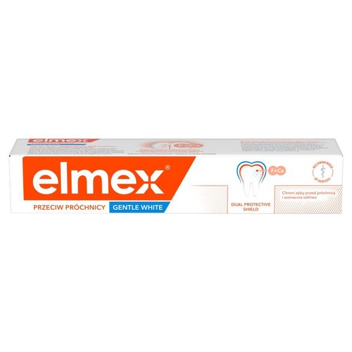 Białe pudełko pasty Elmex z napisem Przeciw Próchnicy Gentle White. Zawiera fluor i wapń.