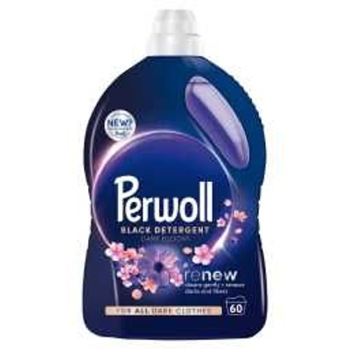 Ciemna butelka płynu do prania Perwoll Black Detergent. Przeznaczony do ciemnych ubrań, odnawia włókna. Etykieta z kwiatami i informacją "60 prań".