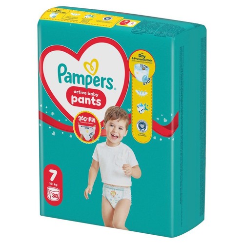 Pieluchomajtki Pampers Active Baby Pants S7, 38 sztuk. Turkusowe opakowanie z logo serca i hasłem "360 Fit".