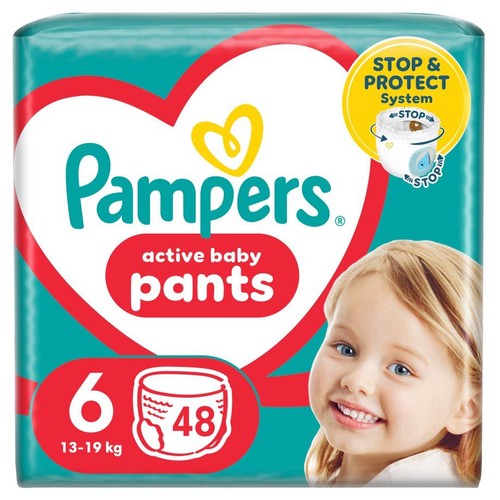 Pampers Active Baby Pants, rozmiar 6 (13-19 kg), 48 pieluchomajtek. Turkusowe opakowanie z wizerunkiem dziecka.