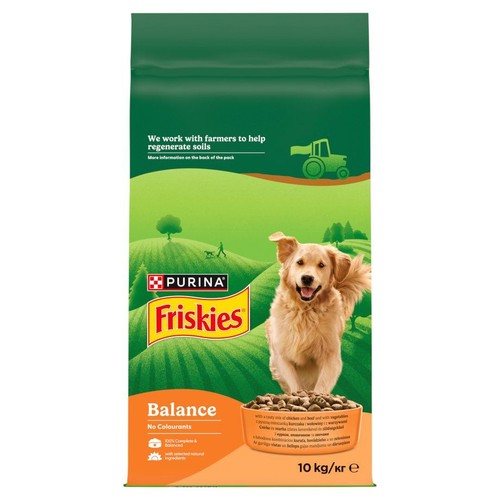 Opakowanie karmy Purina Friskies Balance dla psów, 10 kg. Na etykiecie uśmiechnięty Golden Retriever.