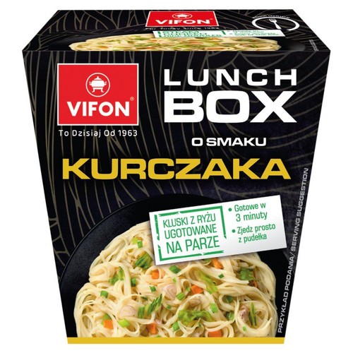 Opakowanie Vifon Lunch Box o smaku kurczaka. Czarne pudełko z grafiką klusek ryżowych z warzywami. Gotowe w 3 minuty.