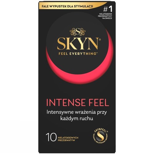 Czarne opakowanie prezerwatyw SKYN Intense Feel, 10 sztuk, nielateksowe, z wypustkami stymulującymi.