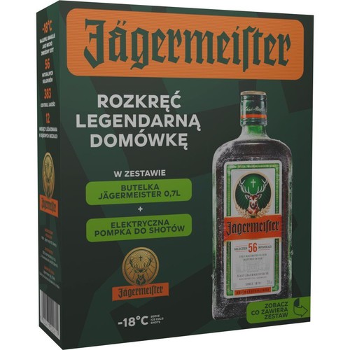 Opakowanie prezentowe Jägermeister, ciemnozielone z pomarańczowymi elementami. Na froncie grafika butelki Jägermeister i tekst "Rozkręć legendarną domówkę". W skład zestawu wchodzi butelka 700 ml likieru ziołowego oraz elektryczna pompka do shotów.