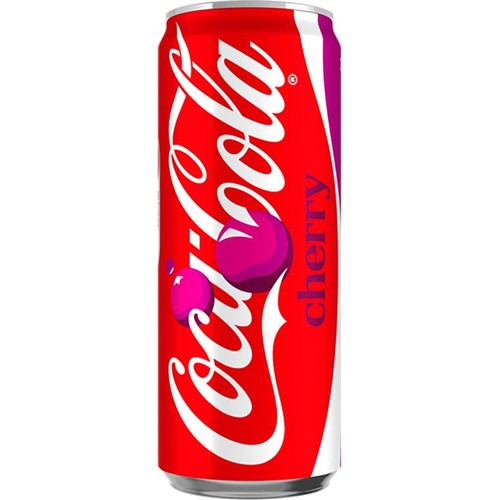 Czerwona puszka Coca-Cola Cherry z białym logo i fioletowym napisem "cherry". Na puszce grafika dwóch fioletowych wiśni.