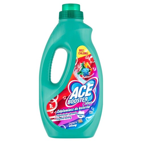 Odplamiacz Ace Booster Colors w zielonej butelce 1L. Higienizuje i ożywia kolory, bez chloru, z aktywnym tlenem.