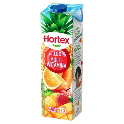 Sok Hortex 100% Multi-Witamina w kartonie. Etykieta z owocami: ananas, pomarańcza, marchew, kiwi, liczi, mango. Źródło 10 witamin.