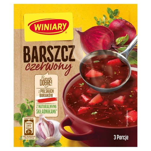 Opakowanie produktu Winiary Barszcz Czerwony 49g. Przedstawia miskę barszczu z burakami, buraki, czosnek i zioła. Na opakowaniu napis "3 Porcje".