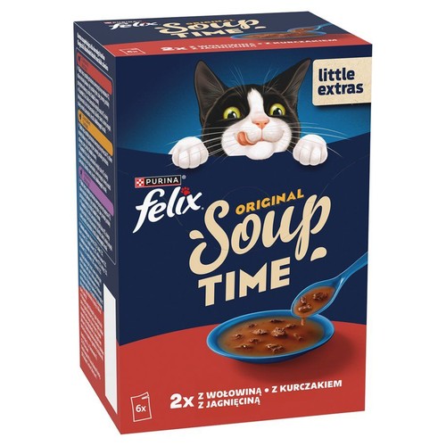 Kartonowe opakowanie karmy Felix Soup Time z grafiką kota i miską zupy. W zestawie 6 saszetek: 2 z wołowiną, 2 z kurczakiem, 2 z jagnięciną.