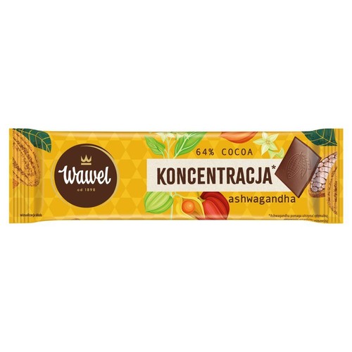 Czekolada Wawel Koncentracja, 64% kakao, z dodatkiem ashwagandhy. Żółte opakowanie z powtarzającym się wzorem. Na etykiecie logo Wawel od 1898, nazwa produktu i informacja o ashwagandzie, która pomaga utrzymać umysł w dobrej kondycji.