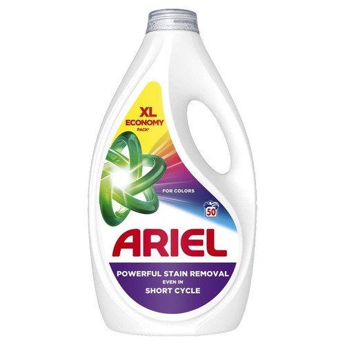 Biała butelka płynu do prania Ariel do kolorów, XL Economy Pack, na 50 prań. Skuteczne usuwanie plam.
