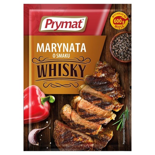 Opakowanie marynaty Prymat o smaku whisky. Na opakowaniu grillowane mięso, papryka, czosnek i pieprz. Wystarcza na 600g mięsa.