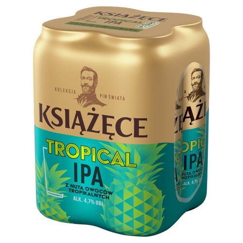 Złoto-turkusowy czteropak piwa Książęce Tropical IPA. Na puszkach widnieje nazwa produktu, wizerunek mężczyzny oraz wzór ananasa. Piwo zawiera 4,7% alkoholu i ma nutę owoców tropikalnych.