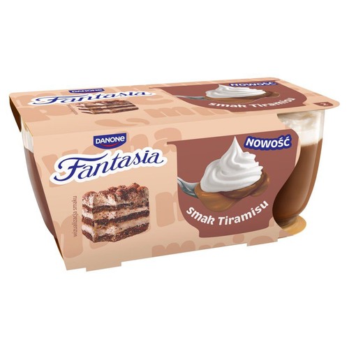 Deser Danone Fantasia Tiramisu, opakowanie zbiorcze zawierające 2 kubeczki. Widoczna grafika ciastka tiramisu.