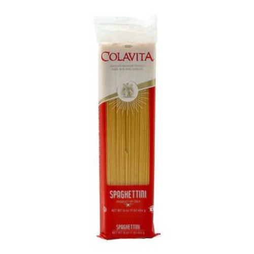Opakowanie makaronu Spaghettini marki Colavita. Przezroczysta część opakowania eksponuje długie, cienkie nitki makaronu. Na etykiecie widnieje nazwa produktu "Spaghettini" oraz informacja "Product of Italy". Masa netto 454 g.