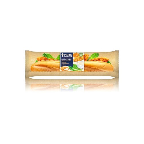 Opakowanie Pierre Baguette Hot Strips. Kanapka z pikantnymi kawałkami kurczaka, dressingiem i sałatą.