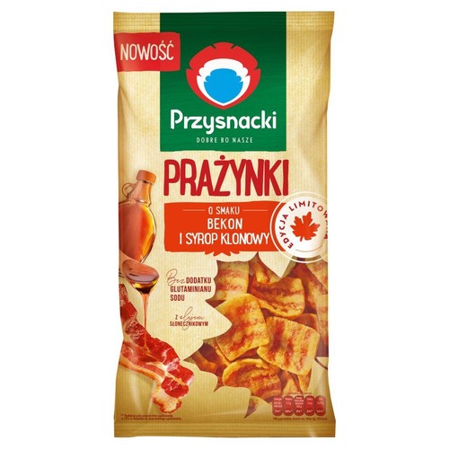 Opakowanie Przysnacki Prażynki o smaku bekonu i syropu klonowego. To nowość i edycja limitowana. Na opakowaniu widać butelkę syropu, bekon i same prażynki. Produkt bez dodatku glutaminianu sodu, z olejem słonecznikowym.