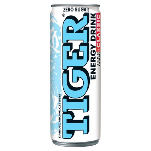 Puszka napoju energetycznego Tiger Zero Sugar. Białe tło z niebieskim logo i napisem "Classic".