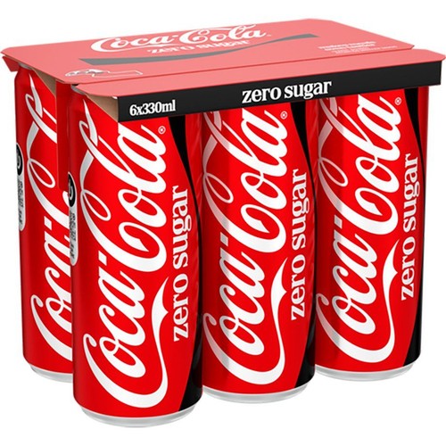 Zgrzewka 6 puszek Coca-Cola bez cukru, każda po 330 ml. Czerwone puszki z białym logo i napisem "bez cukru".