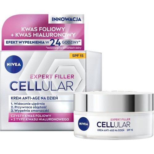Nivea Expert Filler Cellular Krem Anti-Age na dzień SPF 15. Z kwasem foliowym i hialuronowym. Ujędrnia i wypełnia zmarszczki.