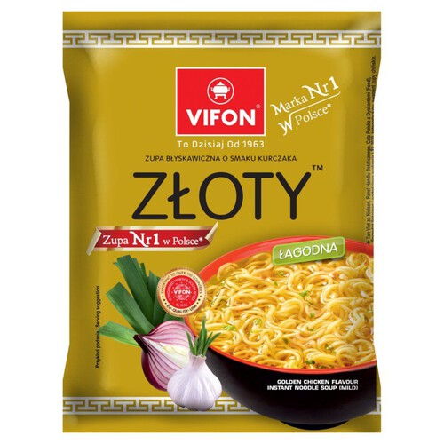 Złoty.  Zupa błyskawiczna z kluskami o smaku kurczaka (łagodna) Vifon 70 g