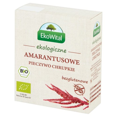 Ekologiczne pieczywo chrupkie amarantusowe EkoWital w kartonowym opakowaniu. Produkt bezglutenowy.