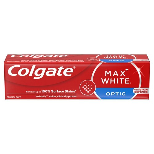 Opakowanie pasty Colgate Max White Optic. To wybielająca pasta do zębów, która skutecznie usuwa przebarwienia powierzchniowe. Zapewnia natychmiastowo bielsze zęby, jest bezpieczna dla szkliwa i klinicznie udowodniona.