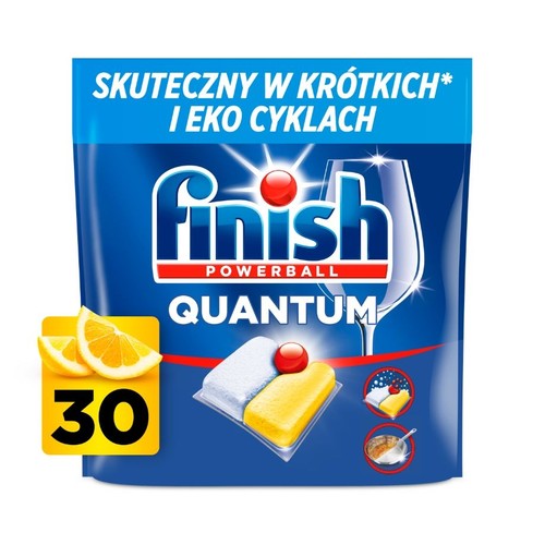 Finish Quantum Powerball, 30 tabletek do zmywarki w niebieskim opakowaniu. Zapewnia czystość w krótkich i eko cyklach.