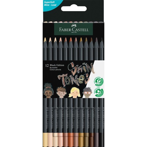 Zestaw 12 kredek Faber-Castell Black Edition "Skin Tones" w czarnym opakowaniu. Kredki mają super miękkie grafity i są przeznaczone do rysowania różnych odcieni skóry. Produkt neutralny dla klimatu, drewno pochodzi ze zrównoważonej gospodarki leśnej.