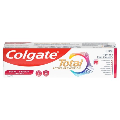 Opakowanie pasty Colgate Total, Aktywna prewencja. Klinicznie udowodnione działanie.