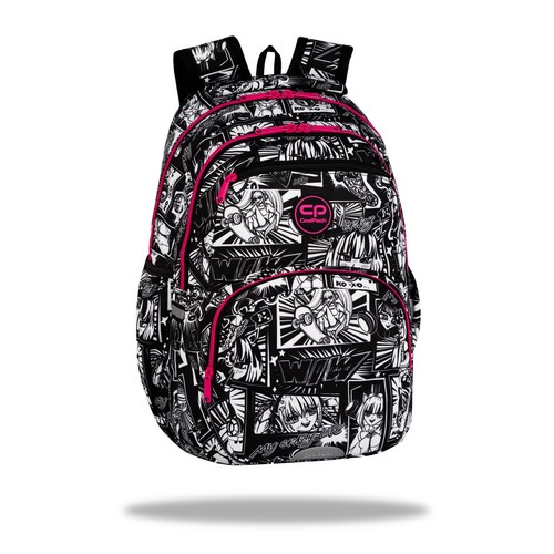 Plecak CoolPack w stylu manga, z czarno-białą grafiką postaci, deskorolki i dymków tekstowych. Różowe detale.