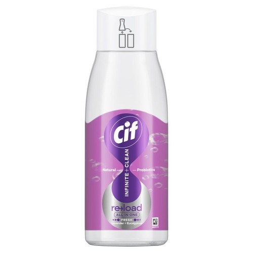 Przezroczysta butelka Cif Reload All in One. Produkt do czyszczenia z naturalnymi składnikami i probiotykami.