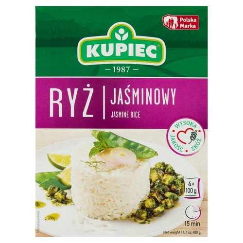 Ryż jaśminowy Kupiec w opakowaniu 400g. Produkt polskiej marki, wysokiej jakości zboże. Czas gotowania 15 minut.