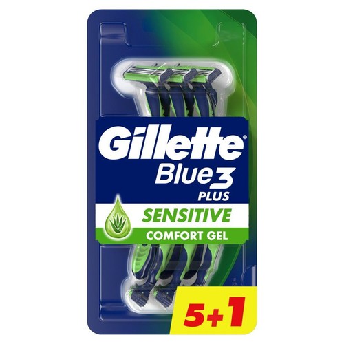 Blister z 6 maszynkami Gillette Blue3 Plus Sensitive. Maszynki są w kolorze niebiesko-zielonym, z trzema ostrzami i paskiem Comfort Gel. 