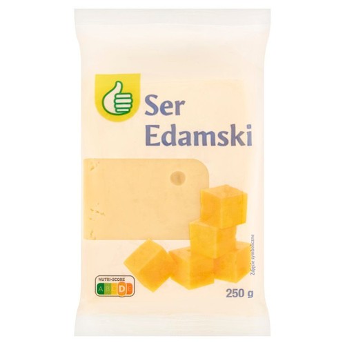 Opakowanie sera Edamskiego 250 g. Na etykiecie grafika żółtego sera w kostkach i plastrze.