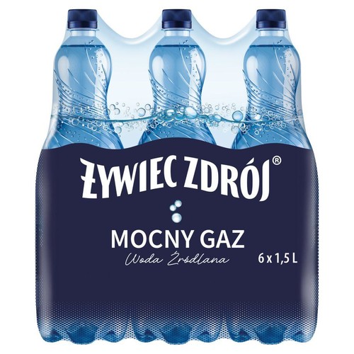 Zgrzewka wody źródlanej Żywiec Zdrój Mocny Gaz, zawierająca 6 przezroczystych butelek, każda o pojemności 1.5 litra. Butelki mają ciemnoniebieskie zakrętki i są owinięte ciemnoniebieską etykietą z białym napisem.
