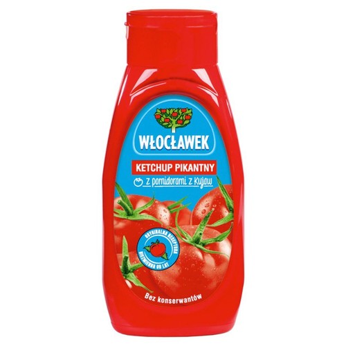 Ketchup Włocławek Pikantny w czerwonej butelce. Etykieta z napisem "Z pomidorami z Kujaw" i grafiką świeżych pomidorów.