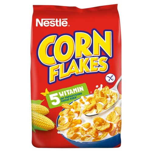 Opakowanie płatków śniadaniowych Nestle Corn Flakes. Widoczna grafika miski z płatkami, mlekiem i łyżką.