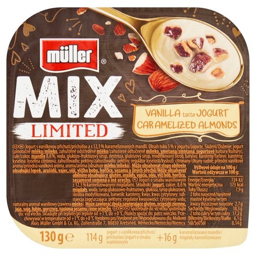 Opakowanie jogurtu Müller MIX LIMITED. Smak waniliowy, z dodatkiem karmelizowanych migdałów. Waga 130g + 16g.
