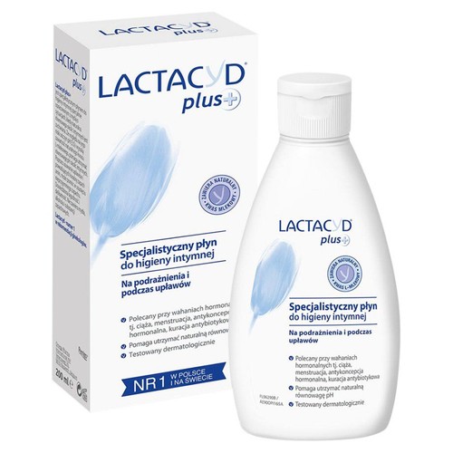 Opakowanie i butelka Lactacyd Plus, płyn do higieny intymnej 200 ml. Numer 1 w Polsce i na świecie. Na podrażnienia.