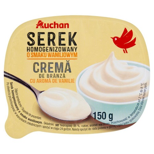 Auchan Serek homogenizowany waniliowy, 150 g. Na opakowaniu grafika serka w miseczce i na łyżce.