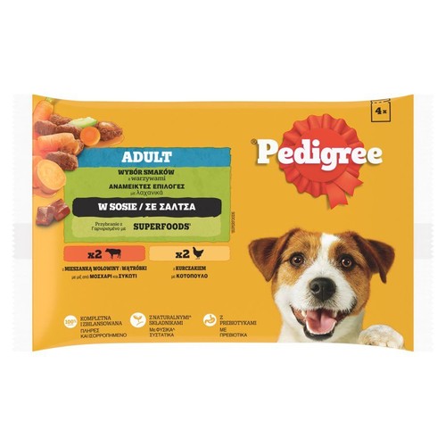 Żółte opakowanie zbiorcze karmy Pedigree Adult, 4x100g. Zawiera smaki wołowina z wątróbką i kurczak z warzywami w sosie.
