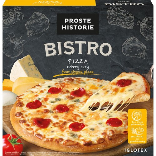 Gotowa pizza Bistro Cztery Sery na grubym cieście, z roztopionym serem i czerwonym sosem. Opakowanie Proste Historie.