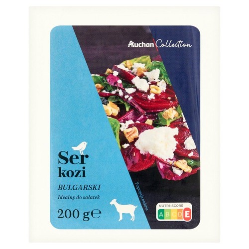 Opakowanie sera koziego bułgarskiego Auchan Collection, 200 g. Etykieta z napisem 'Idealny do sałatek'.